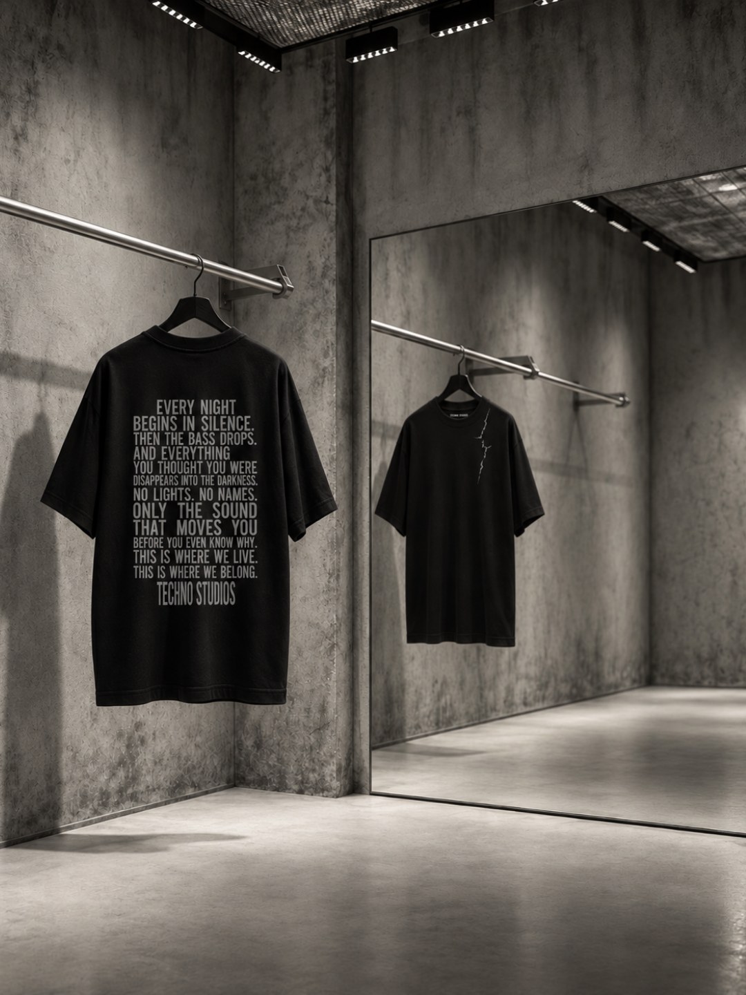 Black Techno Studios T-shirt displayed in its showroom