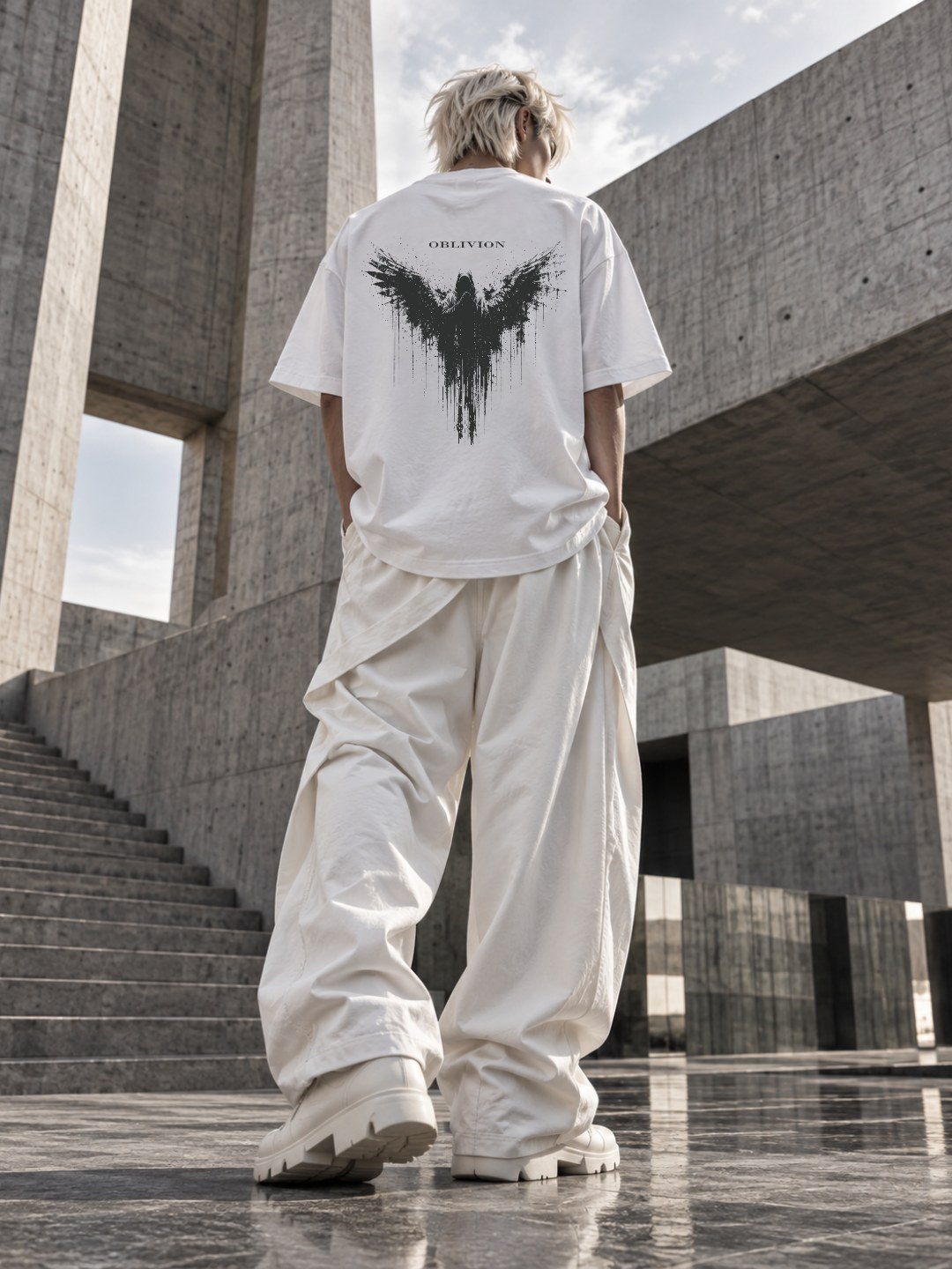 Techno Studios white graphic T-shirt worn by a model